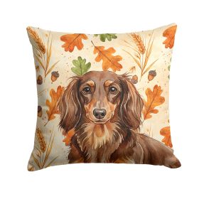 Longhaired Chocolate and Tan Dachshund Heirloom Fall Throw Pillow Decorative Indoor Outdoor Accent Cushion for Couch, Bed or Patio, 18Hx18W