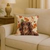 Longhaired Chocolate and Tan Dachshund Heirloom Fall Throw Pillow Decorative Indoor Outdoor Accent Cushion for Couch, Bed or Patio, 18Hx18W